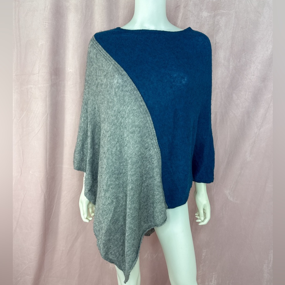 Celeste Womens  Blue Gray Wool Cashmere Sweater Poncho Colorblock One Size